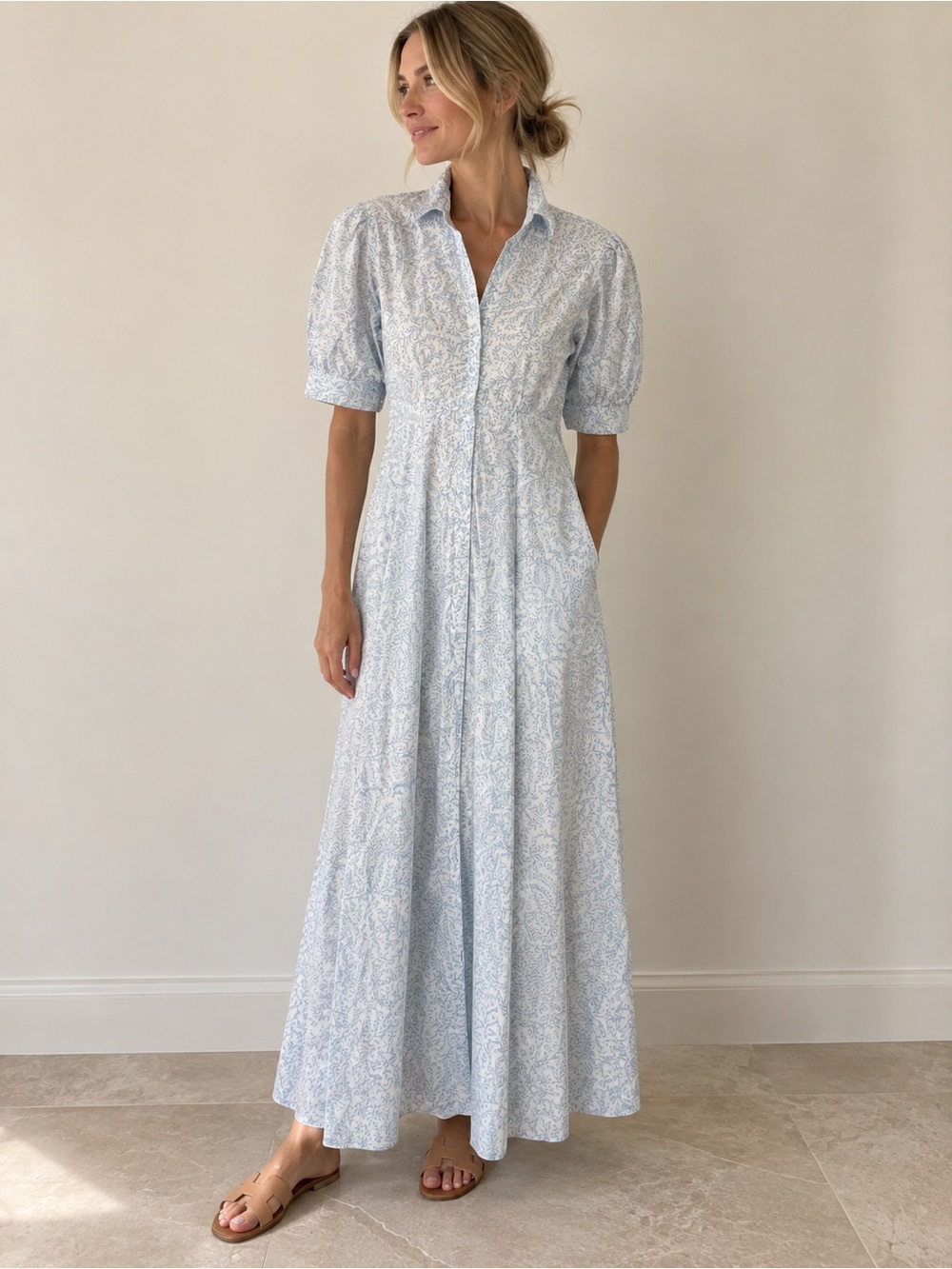 NWOT - Julia Amory India Amory Blue Wisteria Cotton Maxi Shirt Dress M